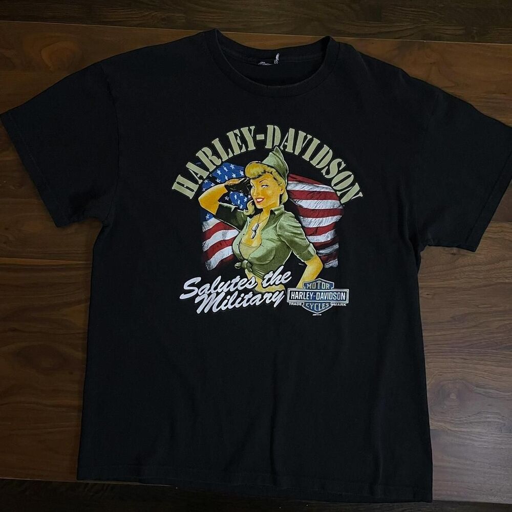 Harley Davidson Black Tee Salute The Military 2014 American Logo T-Shirt Large